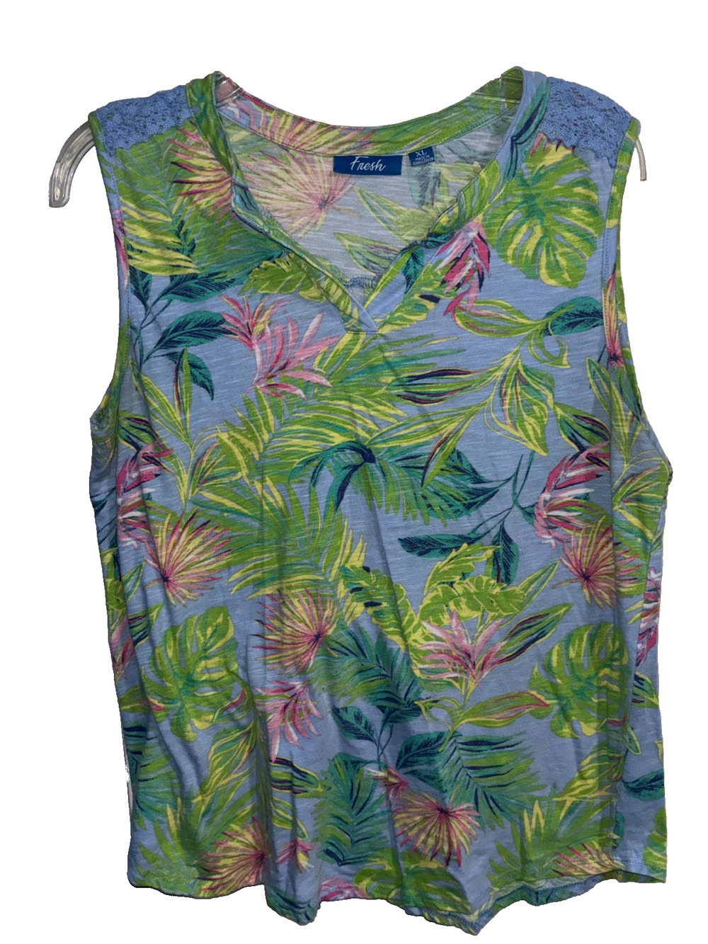 Fresh Tropical Palm Leaf Tank Top Womens XL Blue Lace Shoulder Slub Knit Blouse